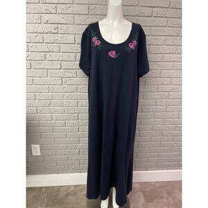 Stan Herman Women Navy Short Sleeve House Dress with Floral Embroidery Size 1X